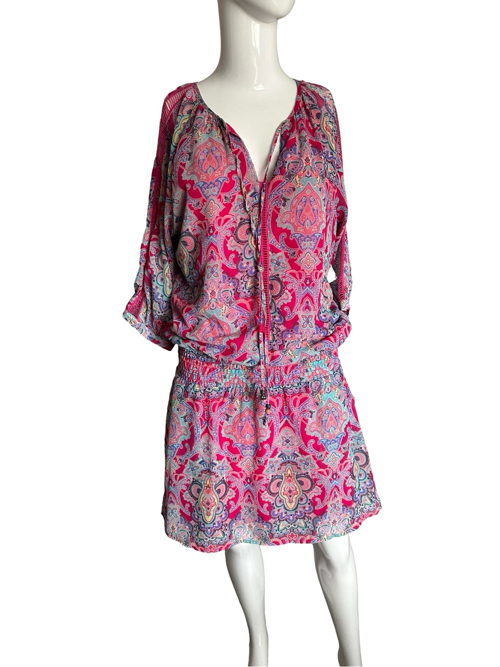 EsQualo Pink Paisley Boho Dress | Size Small | Elastic Waist | EU Chic
